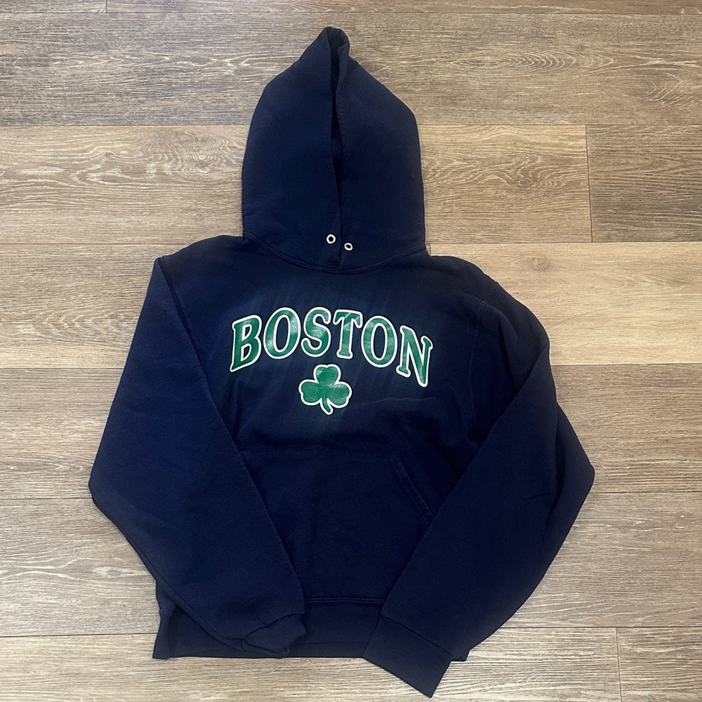 Jerzees Navy Boston Crewneck Hoodie with Green Shamrock